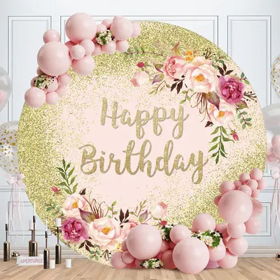 Aperturee Pink Floral Round Happy Birthday Backdrop | Birthday Backdrop Ideas | Round Backdrop For Birthday Party | Circle Bi...