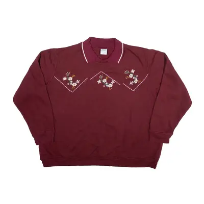 HABAND! Floral Detailed Sweatshirt Maroon Collared Womens XL