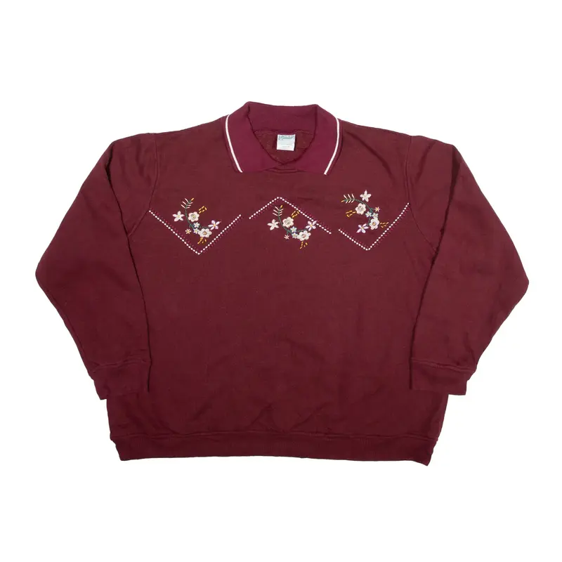 HABAND! Floral Detailed Sweatshirt Maroon Collared Womens XL