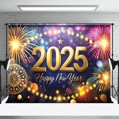 Shining Stars Golden 2025 New Year Party Backdrop - Aperturee