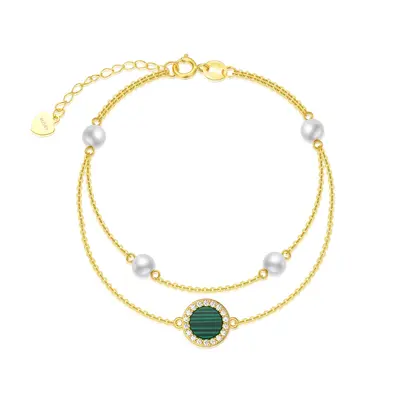 14K Gold Round Malachite With Diamond & Pearl Layerered Bracelet For Women