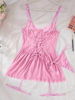 Women's Fitted Floral Lace Sexy Lingerie Two-piece Set, Aesthetic Cute Style Bow Front Lace Up Cami Spaghetti Strap Nightdres...
