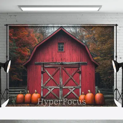 Wild Forest Retro Red Barn Pumpkin Autumn Backdrop - Aperturee