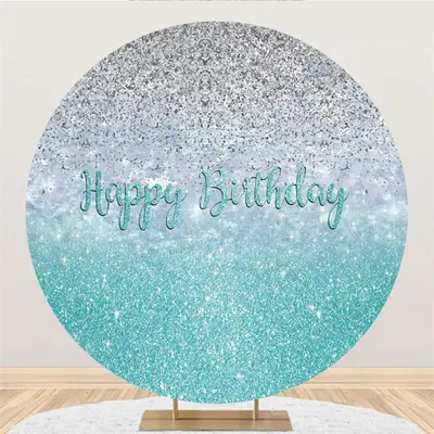 Aperturee Silver With Cyan Round Glitter Happy Birthday Backdrop | Birthday Backdrop | Custom Round Backdrop | Happy Birthday...