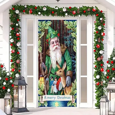 Green Santa Claus Elk Leaves Christmas Door Cover - Aperturee