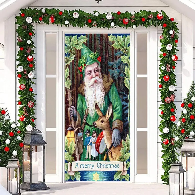 Green Santa Claus Elk Leaves Christmas Door Cover - Aperturee