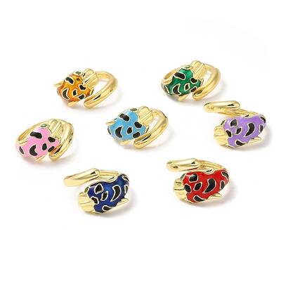 Enamel Leopard Open Cuff Ring with Cubic Zirconia
