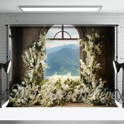 White Floral Window Mountain Retro Wall Backdrop - Aperturee