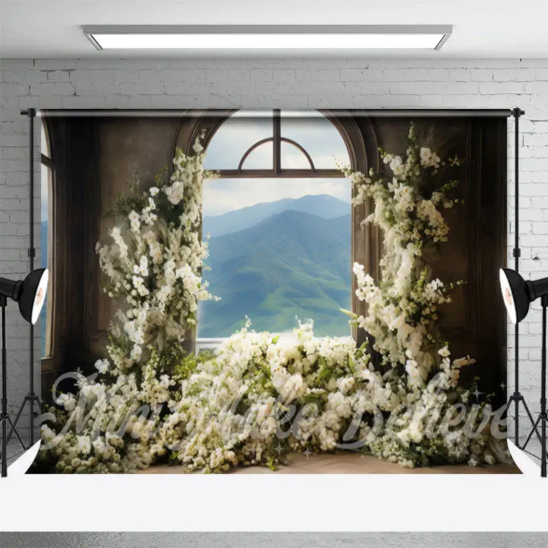 White Floral Window Mountain Retro Wall Backdrop - Aperturee