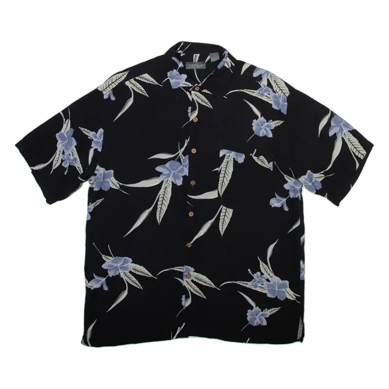 VAN HEUSEN Mens Hawaiian Shirt Black Silk Floral M