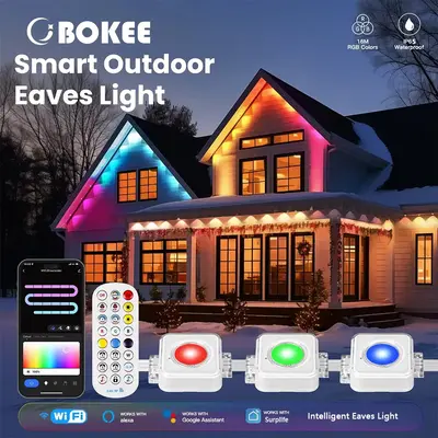 200FT Permanent Outdoor Lights, Smart RGBIC Eaves Lights, IP67, Work With Alexa, Google Assistant, Intelligent Rainbow Color ...