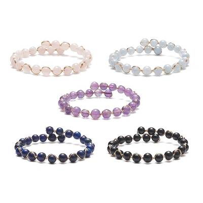 5Pcs 5 Style Natural Mixed Gemstone Round Beaded Cuff Bangles Set