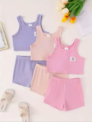 Toddler Girl's Letter Print Crop Tank Top & Plain Shorts Set, Casual Fashion Cozy Outfits for Daily Outdoor Wear, Kids Clothi...