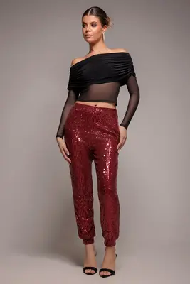 Goddiva Sequin Cuffed Ankle Pant - Wine