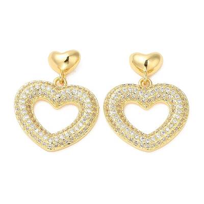 Rack Plating Brass Heart Dangle Stud Earrings with Cubic Zirconia