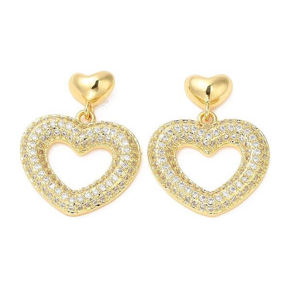 Rack Plating Brass Heart Dangle Stud Earrings with Cubic Zirconia