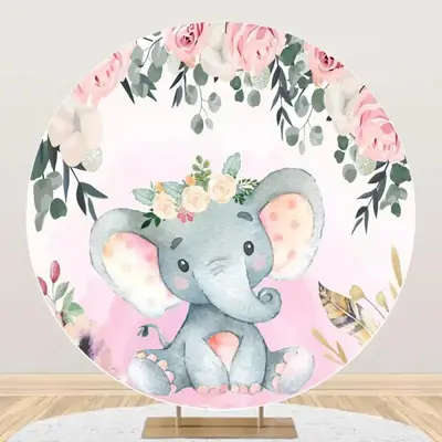 Pink Cute Elephant Floral Round Baby Shower Backdrop - Aperturee
