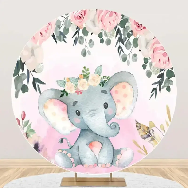 Pink Cute Elephant Floral Round Baby Shower Backdrop - Aperturee
