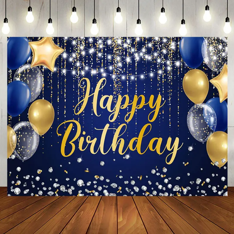 Glitter Light Strip Balloon Blue Birthday Backdrop - Aperturee