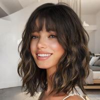 Curly Bob Wig With Bangs Short Wavy Brown With Highlight Color Wigs For Woman Synthetic Heat Resistant Bob Wigs  Natural Brow...