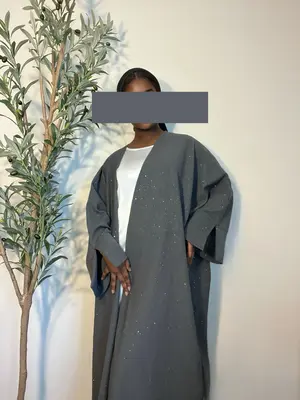 Hasna Sparkly Glitter Open Abaya-  Grey