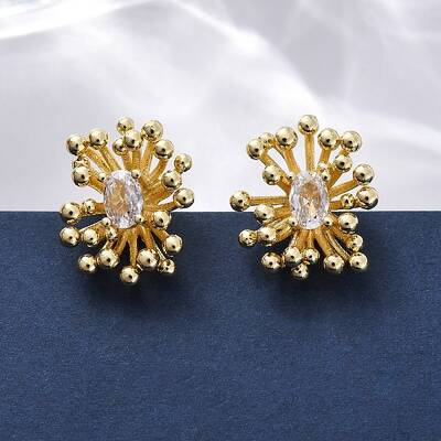 Flower Brass Clear Cubic Zirconia Stud Earrings