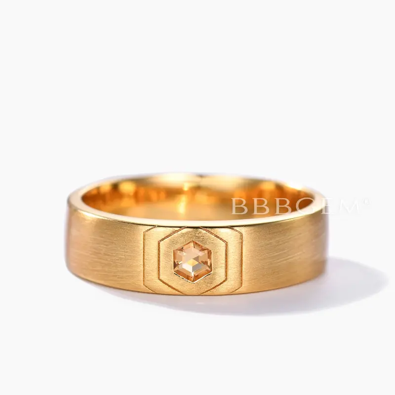 November Birthstone Wedding Rings Men's Hexagon Citrine Band 14K Yellow Gold