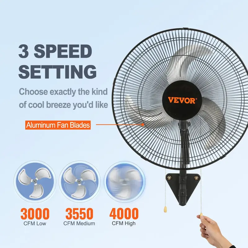 VEVOR Wall Mount Fan, 18 Inch, 3-speed High Velocity Max. 4000 CFM Oscillating Industrial Wall Fan, Commercial or Residential...