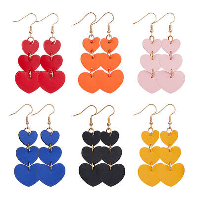 6 Pairs 6 Colors PU Leather Heart Dangle Earrings with Iron Pin for Women