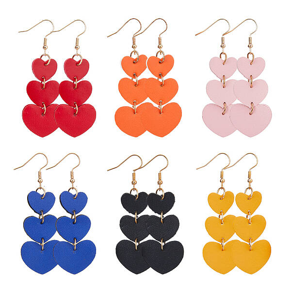 6 Pairs 6 Colors PU Leather Heart Dangle Earrings with Iron Pin for Women