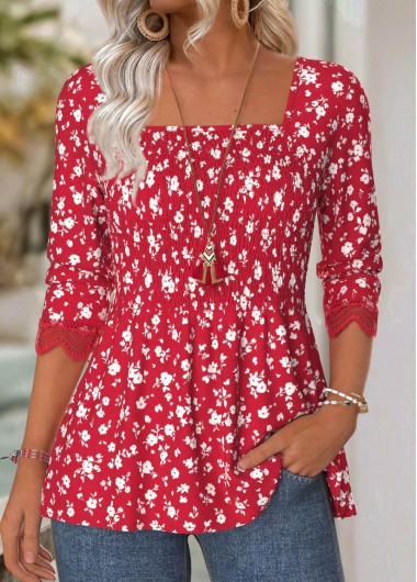 Modlily Red Ditsy Floral Print Long Sleeve Square Neck Blouse - M
