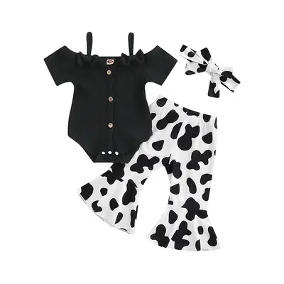 3Pcs Baby Girls Romper Outfit, 0-24 Months Sweet Style Bow Short Sleeve Suspender Jumpsuit + Irregular Spot Bell-bottomed Pan...
