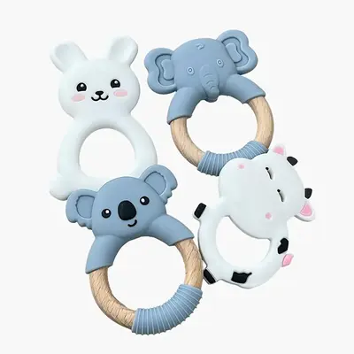 MomMed Silicone Baby Teething Toys for Babies 0-12 Months With Natural Beech Wood Handle, BPA Free Soft and Textured Ring Sil...