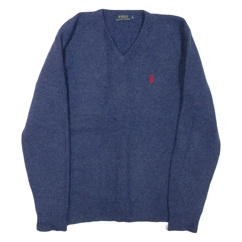 POLO RALPH LAUREN Mens Jumper Blue V-Neck Tight Knit Wool M