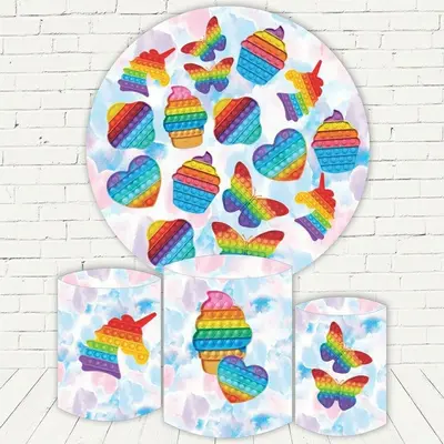 Aperturee Colorful Pop It Round Happy Birthday Backdrop Kit For Party | Round Backdrop Cover Diy | Circle Party Backdrop | Ro...