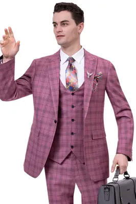 Peak Lapel Mauve Pink Windowpane Plaid Men's Fashion Suit - One Button Vested