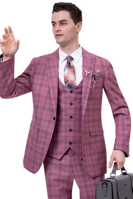 Peak Lapel Mauve Pink Windowpane Plaid Men's Fashion Suit - One Button Vested
