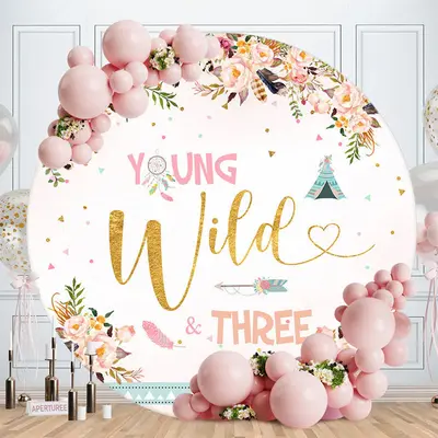 Aperturee Young Wild Three Floral Circle Birthday Backdrop | Circular Birthday Backdrop Cover | Round Party Backdrop | Circle...