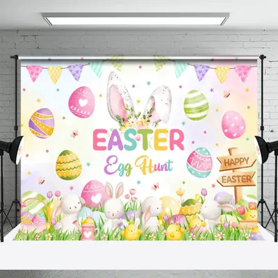 Candy Color Bucolic Rabbit Egg Hunt Easter Backdrop - Aperturee