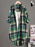 【Plus Size】 Plaid Print Button Front High Low Hem Shirt, Fall Clothing Women, Casual Long Sleeve Collared Top for Spring...