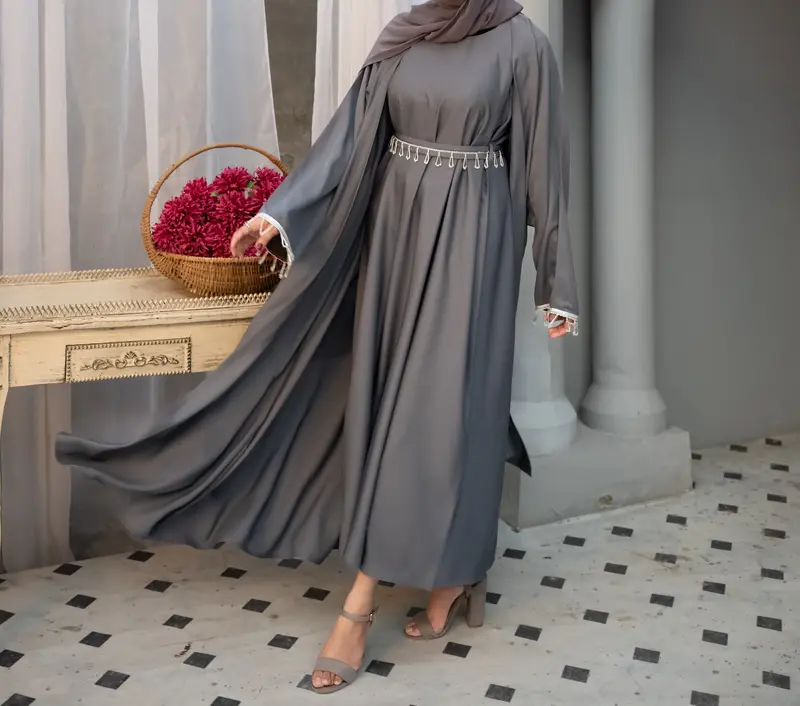 2 Piece Women's Solid Belted Satin Abaya, Modest Long Sleeve Round Neck Muslim dress for women, Round Neck Loose Abayas Dress...