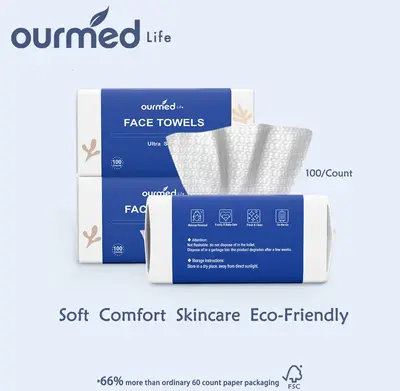 Ourmed Life Disposable Face Towels, Clean Facial Wash Cloth without Lint, Biodegradable Cleansing Dry Wipes, Smooth Ultra Sof...