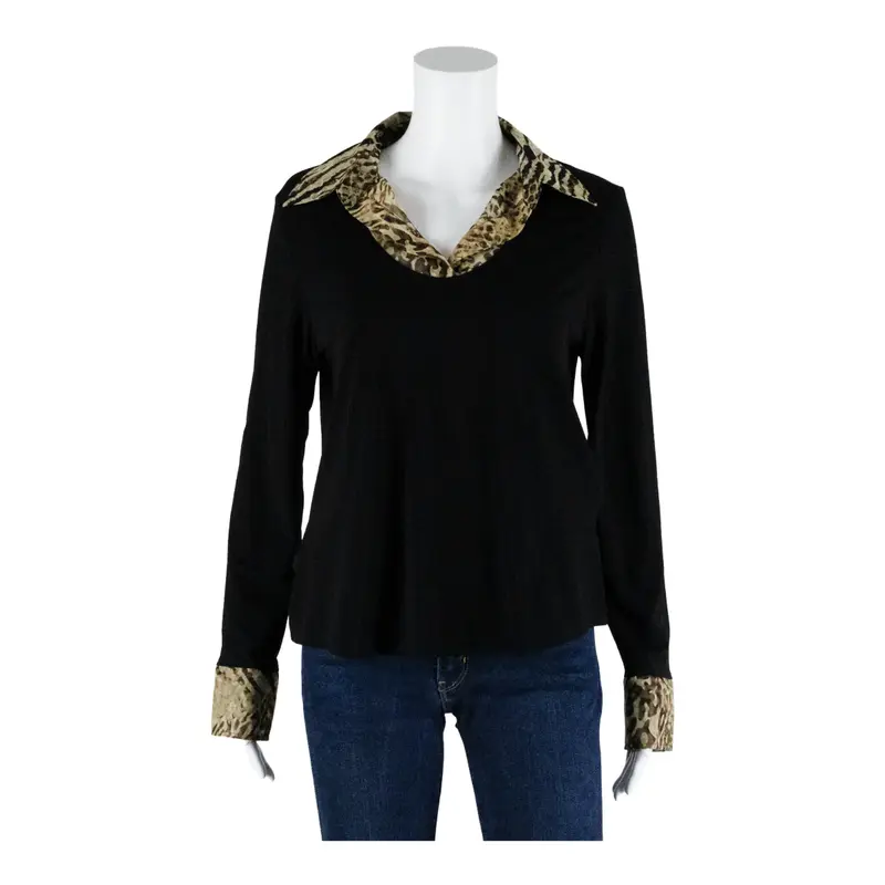 YOUR 6TH SENSE Leopard Print Collar Blouse Black V-Neck Long Sleeve Womens M
