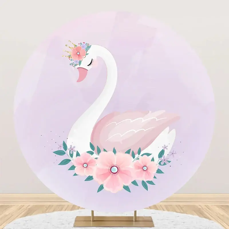 Purple Pink Floral Leaf Swan Round Birthday Backdrop - Aperturee