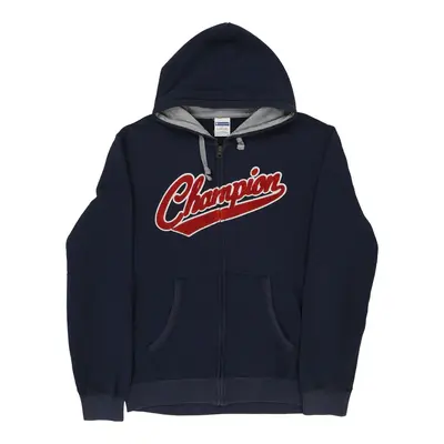 Champion Spellout Hoodie - Large Navy Cotton Blend