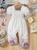 Baby Girl's Floral Print Bubble Sleeve Jumpsuit, Cute One-piece Outfit for Infant Toddler Kids Summer, Newborn Baby Girls Clo...