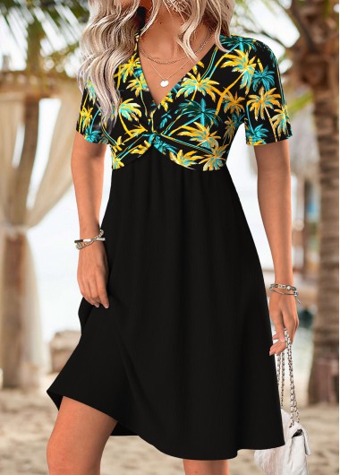 Modlily Black Tummy Coverage Tropical Plants Print Short Dress - XXL