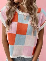 Women's Checkerboard Print Cap Sleeve Sweater, Lady Casual Round Neck Jumper for Summer, Sweaters for Women, Fashion Women's ...