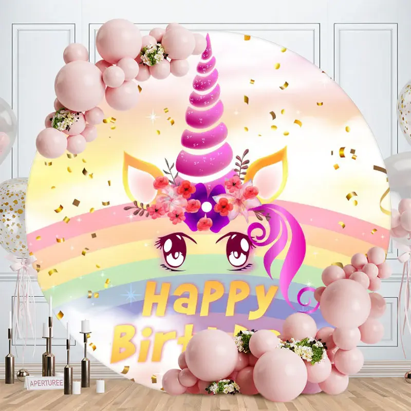 Aperturee Circle Rainbow Unicorn Happy Birthday Backdrop