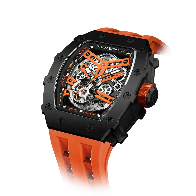 TSAR BOMBA Men's Automatic Watch | Black Orange | Stainless Steel Case | Japanese Mechanical Skeleton Movement | Luxury Sport...